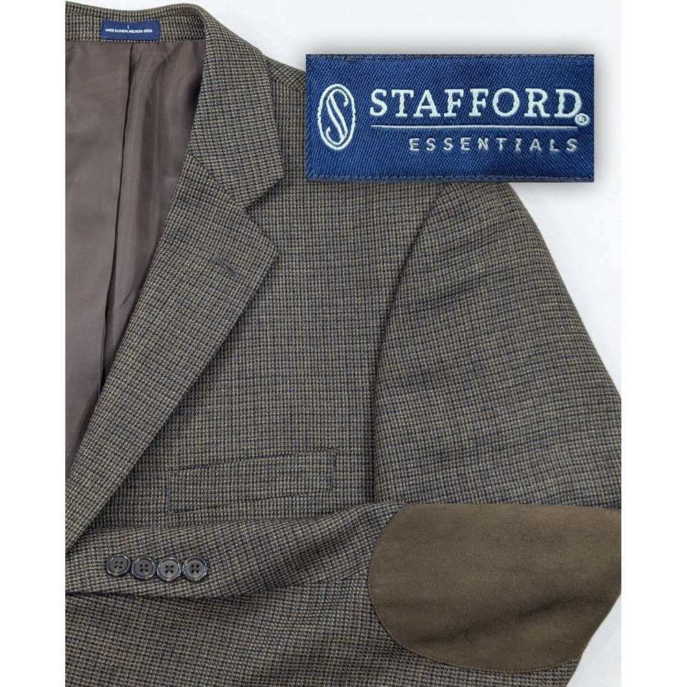 Stafford Blazer Sport Coat Suit Jacket 100% Wool Elbow Patches Nailhead 44R 48"